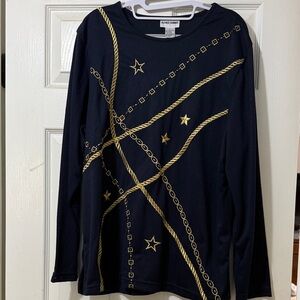 Alfred Dunner Navy Long Sleeve Top with Gold Rope & Star Motif